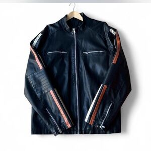 Black RIVET Cafe Racer Biker Jacket Orange Off-white Stripe Sleeve Mens 2XL Tall